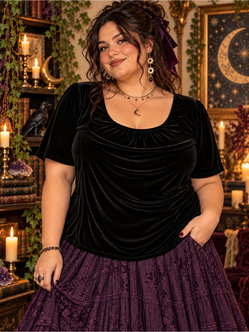 Black Velvet Draped Scoop Neck Top Whimsigoth Gothic Jaclyn Smith 2X